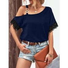 Tex Nova Kadın Tek Omuzu Askılı Kısa Kollu Toka Detaylı Dantelli Viskon Bluz