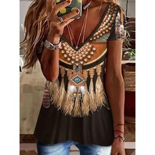 Tex Nova Kadın Kısa Kollu V Yakalı Kısa Kollu Salaş Desenli Süprem Bluz