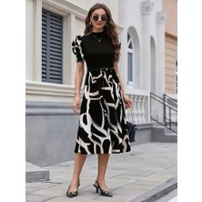 Tex Nova Kadın Kısa Kollu Yarı Balıkçı Yaka Üst Viskon Alt Desenli Dokuma Midi Elbise