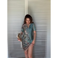 Tex Nova Kadın Kısa Kollu V Yakalı Çiçek Baskılı Midi Süprem Elbise