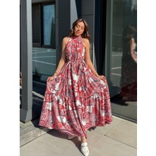 Tex Nova Kadın Halter Yakalı Omuzlardan Açık Kuşaklı Maksi Boy Desenli Süprem Elbise