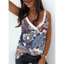 Tex Nova Kadın Omuz Askılı V Yaka Dijital Baskı Detay Mikro Kumaş Bluz