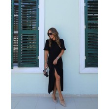 Tex Nova Kadın Kısa Kollu Bisiklet Yakalı Yandan Yırtmaçlı Büzgülü Janjan Krep Elbise