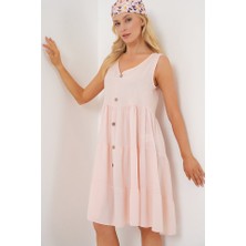 Tex Nova Sıfır Kol Düğmeli Kısa Elbise 2571 - Pudra