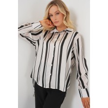 Tex Nova Çizgili Uzun Saten Gömlek 20291 - Siyah