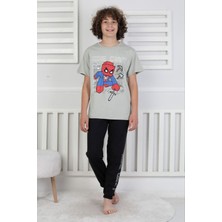 Isob Gri Minec Desenli %100 Pamuk Kısa Kollu Erkek Çocuk Pijama Takımı 8-13 Yaş 41514-G