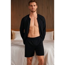 Elemge Pamuklu Erkek Pijama Altı Şort Siyah Cepli İnce Penye Rahat Kalıp Relax Fit Lastikli Terletmez Esnek Likralı
