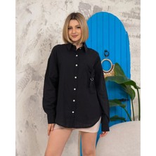 Zarif Kadın Relax Fit Keten Gömlek Siyah S255349