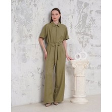 Zarif Kadın Kuşaklı Gömlek Yaka Salaş Tulum Haki S255822