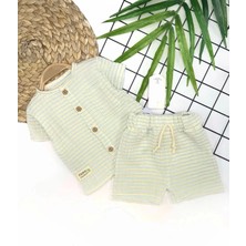 9-12-18-24 Ay Düğme Detaylı Çizgili Müslin Kumaş Yazlık 2li Erkek Bebek Takımı