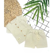 9-12-18-24 Ay Düğme Detaylı Çizgili Müslin Kumaş Yazlık 2li Erkek Bebek Takımı