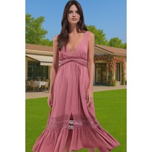 Yazlık Plaj Elbisesi Maxi Boy V Yaka Dokuma Crinkle Rahat ve Şık Modern Stil Mükemmel Uyum