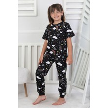 Isob Siyah Gökkuşağı Desenli %100 Pamuk Kız Çocuk Kısa Kollu Pijama Takımı 3-8 Yaş 41215-S
