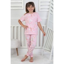 Isob Pembe Gökkuşağı Desenli %100 Pamuk Kız Çocuk Kısa Kollu Pijama Takımı 3-8 Yaş 41215-P