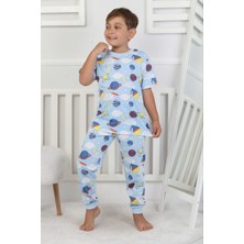 Isob Mavi Gezegenler Desenli %100 Pamuk Erkek Çocuk Kısa Kollu Pijama Takımı 3-8 Yaş 41217-M