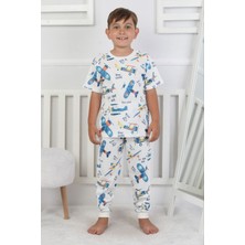 Isob Ekru Helikopter Desenli %100 Pamuk Erkek Çocuk Kısa Kollu Pijama Takımı 3-8 Yaş 41218-E