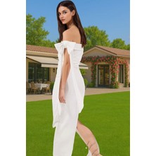 Omuz Fiyonklu Beyaz Bodycon Abiye Elbise Yazlık Maxi Krep Mükemmel Uyum Mükemmel Uyum Rahat Kullanım