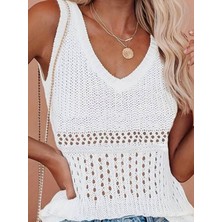 Tex Nova Kadın Kolsuz V Yaka Delikli Örme Detay Triko Bluz