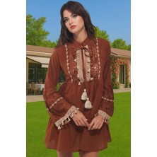 Pamuk Vual Dokuma Dantelli Püsküllü Mini Yazlık Elbise Rahat ve Şık Modern Stil Yüksek Kalite