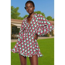 Vual Kumaş Mini Elbise Geometrik Desenli Balon Kol Yazlık Konforlu Kesim Şık Görünüm Rahat Kullanım