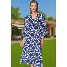 Şık V Yaka Pamuk Vual Midi Elbise Geniş Kalıp Balon Kol Yazlık Seçkin Malzeme Kaliteli Işçilik