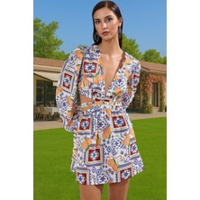 Mini V Yaka Cut Out Etnik Desenli Pamuklu Yazlık Elbise Günlük Kullanım Için Konforlu Kesim