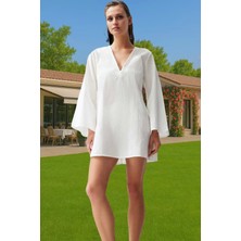 Kadın %100 Pamuk Mini Plaj Elbisesi V Yaka Uzun Kollu Rahat Yüksek Kalite Profesyonel Görünüm