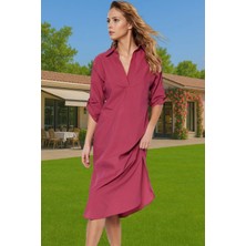 Yazlık Kadın Midi Elbise Pamuklu Poplin Dokuma Şık Plaj Mükemmel Uyum Şık Görünüm Seçkin Malzeme