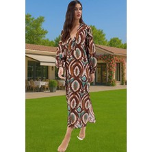 Şık Maxi Plaj Elbisesi %100 Pamuk Keten Görünümlü Etnik Desen Konforlu Kesim Kaliteli Işçilik