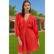 V Yaka Balon Kollu Mini Plaj Elbisesi %100 Pamuk Dokuma Özenle Seçilmiş Profesyonel Görünüm