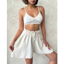 Volanlı Keten Şort Bej S255058