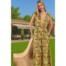 Yazlık Şık V Yaka Maxi Elbise Büzgü Detaylı Plaj Mükemmel Uyum Modern Stil Uzun Ömürlü Yüksek Kalite