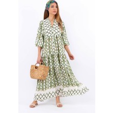 Prive Kadın Soft Yeşil %100 Viskon Maksi Boy Balon Kol Uzun Yazlık Elbise