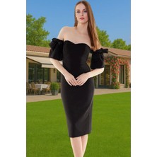 Omuzdan Çıkarmalı Midi Boy Abiye Elbise Polyester Elastan Karışımlı Özenle Seçilmiş Yüksek Kalite