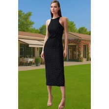 Elastanlı Dokuma Abiye Elbise Halter Yaka Midi Boy Şık Tasarım Profesyonel Görünüm Zarifane Tasarım