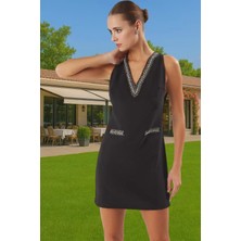 Yazlık Mini Elbise Taş Detaylı V Yaka Shift Kalıp Polyester Elastan Yüksek Kalite Mükemmel Uyum