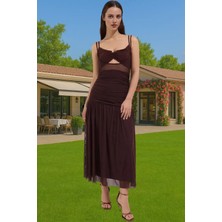 Vücudu Saran Astarlı Örme Tül Midi Abiye Elbise V Yaka Yazlık Profesyonel Görünüm Zarifane Tasarım