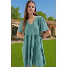 Kadın V Yaka Kısa Kollu Mini Elbise Polyester Dokuma Günlük Mükemmel Uyum Şık Görünüm Özel Tasarım