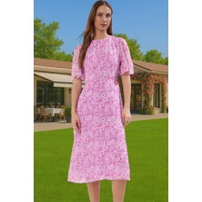 Polyester Midi Elbise Şifon Kumaş A Kesim Melek Kol Astarlı Zarifane Tasarım Trend Tasarım