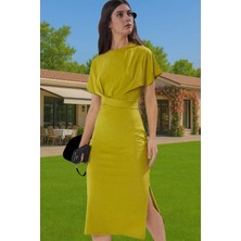 Yazlık Kadın Pamuk Midi Elbise Bodycon Kalıp Bağcıklı Tasarım Modern Stil Profesyonel Görünüm