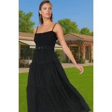 Kadın Askılı Bel Kemerli Midi Polyester Dokuma Elbise Rahat Günlük Stil Rahat ve Şık Mükemmel Uyum