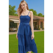 Kadın Askılı Bel Kemerli Midi Polyester Dokuma Elbise Rahat Günlük Stil Rahat ve Şık Mükemmel Uyum