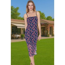 Askılı Bodycon Polyester Elbise Baskılı Tül Midi Premium Kalite Zarifane Tasarım Özel Tasarım