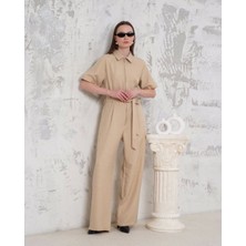 Kuşaklı Gömlek Yaka Salaş Tulum Bej S255822