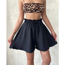 Volanlı Keten Şort Siyah S255058