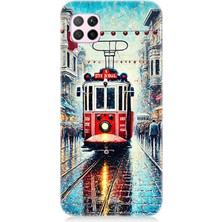 Huawei P40 Lite Uyumlu Yağmurlu Sokakta Kırmızı Tramvay  Desenli Silikon Kılıf
