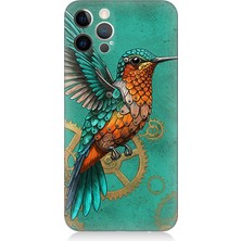 Apple iPhone 12 Pro Uyumlu Turkuaz Zeminde Sinek Kuşu  Desenli Silikon Kılıf