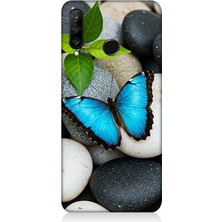 Huawei P30 Lite Uyumlu Mavilikte Taş Üzerinde Kelebek  Desenli Silikon Kılıf