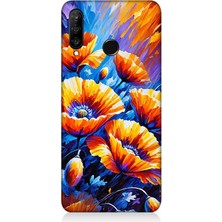 Huawei P30 Lite Uyumlu Geceye Açan Turuncu Çiçekler  Desenli Silikon Kılıf