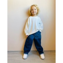 Unısex Erkek Kız Çocuk Pantolon Mavi Çift Renkli  Beli Lastikli Baloon Denim Jeans